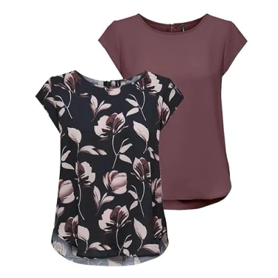 Afbeelding van ONLY Onlvic S/S Solid AOP Top Ptm T shirt voor dames, korte mouwen, Set van 2 (verpakking A: roze bruin/nachthemel bloemenprint)