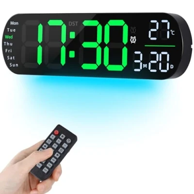 Afbeelding van Fuloon Digitale wandklok, groot led display met nachtlampje, 8 RGB kleuren, afstandsbediening, countdown, grote dimbare klok datum, week, temperatuur
