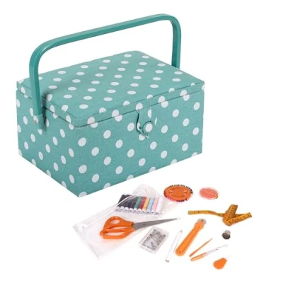 Afbeelding van Hobby Gift Exclusieve opbergdoos voorgevuld met naaiset, 94 delig, 18,5 x 25,5 14,5 cm, blauwe eendenei stippen