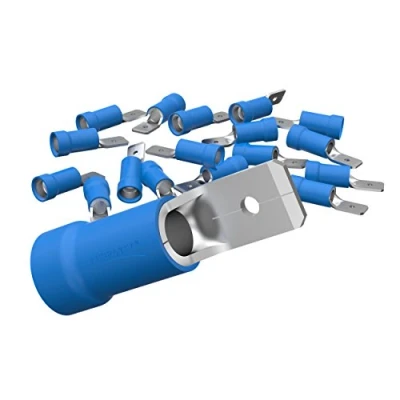 Afbeelding van AUPROTEC Set van 100 platte connectoren 1,5 2,5 mm² blauw/breedte 6,3 mm gedeeltelijk PVC mannelijk vertind messing MDD stekker