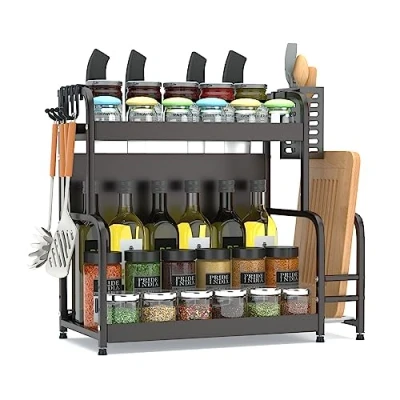 Afbeelding van Fexplendid kruidenrek organizer, uitschuifbaar, metaal, 49x43x22.5cm, spice rack kruidenrekje voor keuken, kantoor, wasruimte(2 layers)