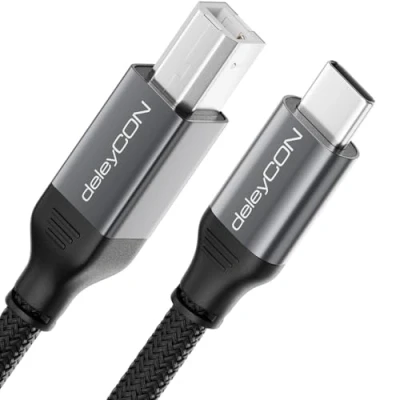 Afbeelding van deleyCON 1 m gevlochten USB C printerkabel (voor printer, scanner, MIDI) naar B kabel + metalen stekker voor Epson, HP, Samsung, Canon, Brother, iPhone 16 15, computer