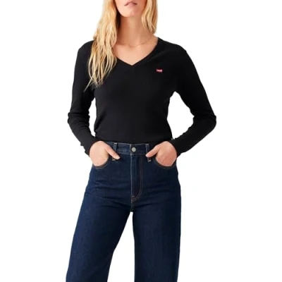 Image de Levi&#039;s Essential Housemark T shirt à manches longues et col en V pour femme, Caviar, L