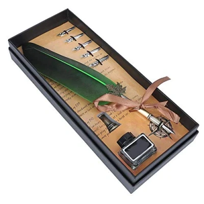 Afbeelding van Hztyyier Kalligrafieveer, Quill Feather Pen Set met 5 veren in geschenkdoos voor feestjes, Kerstmis, verjaardagscadeaus (groen)