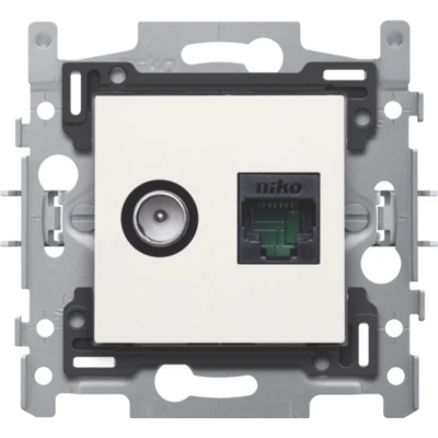 Afbeelding van Niko, Combinatie coax met RJ45 aansluiting UTP Cat5E, vlakke uitvoering, incl. inbouwraam sokkel en afwerkingsset Original White. Telenet Interka