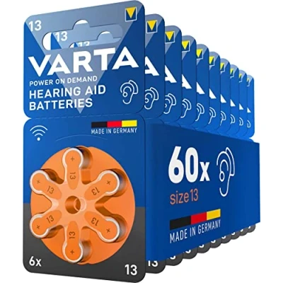 Image de VARTA Piles auditives type 13, orange, lot de 60, Power on Demand batteries pour Amplificateur Appareil Auditif, Aide Auditive, Made in Germany