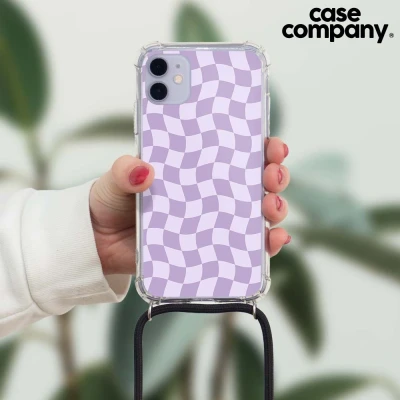 Afbeelding van Case Company® hoesje met Koord geschikt voor iPhone 11 Pro Grid Paars Telefoonhoesje Zwart Extra Bescherming aan alle Kanten en Over de Schermrand