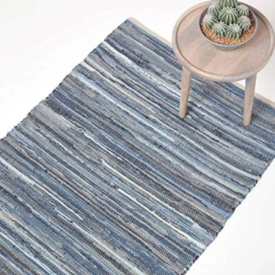 Afbeelding van Homescapes Handgeweven blauw denim gestreept Chindi vloerkleed 70 x 120 cm