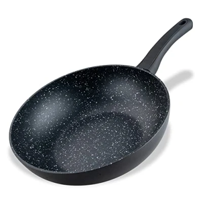 Afbeelding van Marble 28 cm, anti aanbak wok van 90% gerecycled aluminium met ergonomische kunststof handgreep, grote hoge rand voor koken en aanbraden geschikt inductie