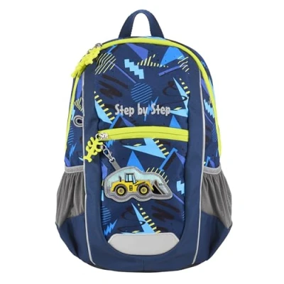 Afbeelding van KIGA Maxi Rugzakset met apart binnenvak, ergonomische mini rugzak in hoogte verstelbare borstriem, voor kleuterschool, kleuterschool en vrije tijd, vanaf 3 jaar, 10 liter, Bobby graafmachine blauw