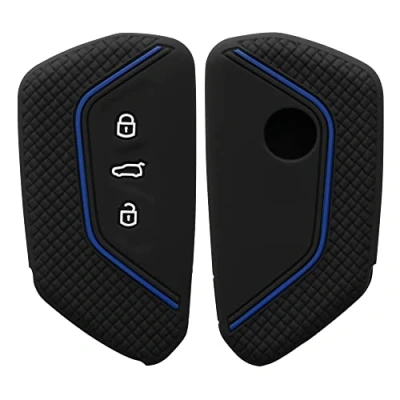 Afbeelding van kwmobile autosleutel hoesje geschikt voor VW Golf 8 3 knops hoes Siliconen behuizing Auto sleutel case met honingraat Sleuteletui in mat zwart / blauw
