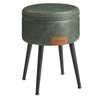 Afbeelding van VASAGLE EKHO Collection Opbergpoef, Kaptafelkruk, PU met naden, modern, mid eeuw, ronde opbergkruk stalen poten, capaciteit 150 kg, bosgroen LOM005C01