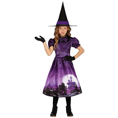 Afbeelding van Fiestas Guirca Betoverd heksenkostuum kleine heks lila met heksenhoed Halloween kostuum voor meisjes, 5 6 jaar