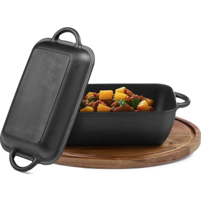 Afbeelding van Navaris Dutch Oven gietijzeren pan met deksel 37 x 19,5 9,5 cm Rechthoekige braadpan Bakvorm voor alle fornuizen Voorgekruid pot