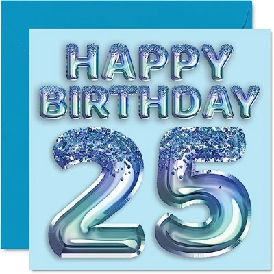 Afbeelding van Verjaardagskaart 25 jaar mannen blauwe ballonnen glitter verjaardagskaarten broer zoon neef oom 145 mm x