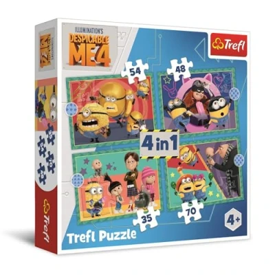Afbeelding van Trefl Despicable Me 4, Minions waanvoorstellingen 4 in 1 puzzel, 35 tot 70 stukjes kleurrijke puzzels met stripfiguren, vrije tijd voor kinderen vanaf jaar
