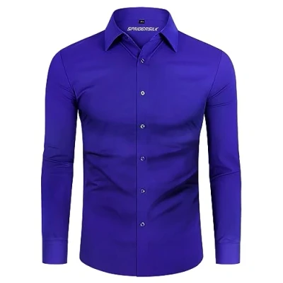 Afbeelding van DEMEANOR Stretch overhemd met lange mouwen voor heren, slim fit, zakelijke overhemden strijkvrij, Blauw