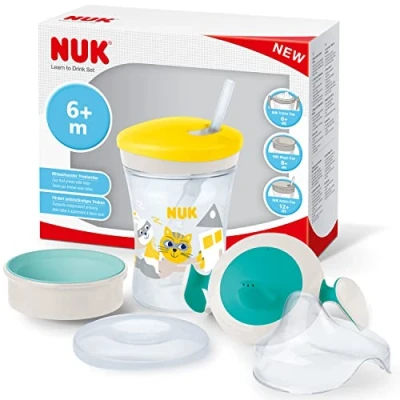 Afbeelding van NUK 3 in 1 trainingsset, trainer, beker inbegrepen (6 maanden), magische snit (8 Action Cup voor peuters (12 230 ml, BPA vrij, kat (geel)
