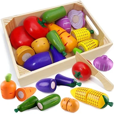 Afbeelding van Airlab Keukenspeelgoed voor kinderen, van hout, kinderkeuken, accessoires, snijden, fruit, levensmiddelen, hout met klittenbandverbinding, educatief speelgoed, cadeau kinderen