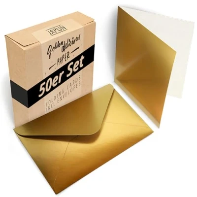 Afbeelding van Japun Set van 50 blanco vouwkaarten met enveloppen, om te ontwerpen DIN A6/C6 goud/goud