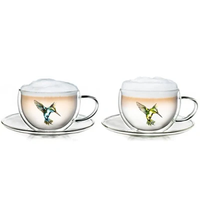 Afbeelding van Hummi Dubbelwandige latte macchiato glazen, met kolibrie afbeelding, set van 2, schoteltje, 250 ml, in exclusieve geschenkdoos, blauw/groen