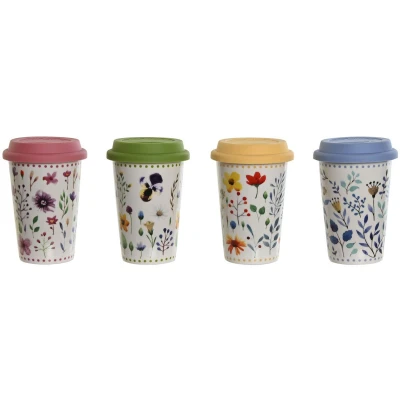 Afbeelding van Kop met deksel DKD Home Decor Multicolour Blommor 400 ml (4 Stuks)