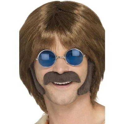 Afbeelding van SMIFFY&#039;S Bruine hippie set met snor en bakkebaarden voor mannen