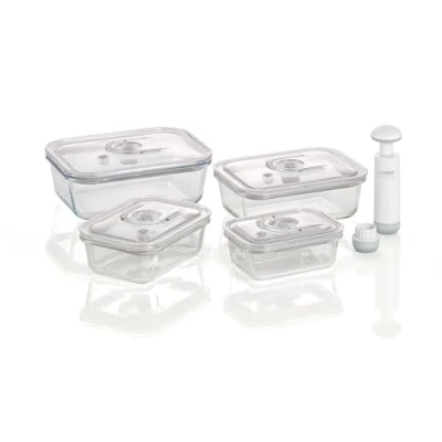 Afbeelding van Caso 1197 VacuBoxx E set hoekig 4 hoogwaardige design vacuümcontainers, BPA vrij, inclusief vacuüm handpomp en adapter voor alle vacuümverpakkers met bakfunctie,transparant