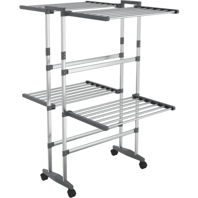 Afbeelding van Droogrek 2 laags met wieltjes 60x70x106 cm zilverkleurig