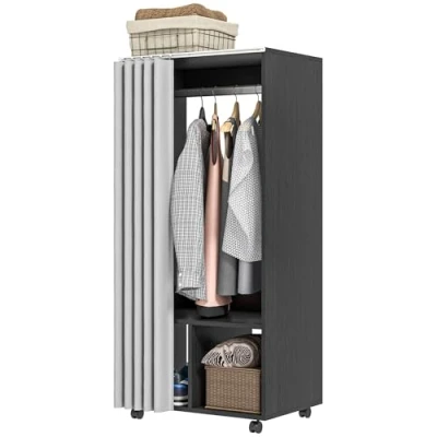 Afbeelding van HOMCOM Mobiele kledingkast, met gordijn, opbergkast, 4 wielen, ophangstang en planken, oprolbaar, voor slaapkamer, 60 x 40 128 cm, zwart