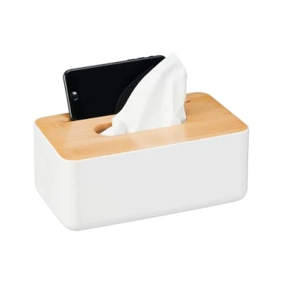 Afbeelding van Relaxdays tissue box kunststof tissuehouder met telefoonhouder bamboe deksel wit