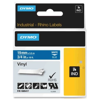 Image de DYMO Rhino Etiquettes Industrielles Vinyle 19mm x 5.5m Blanc sur Bleu