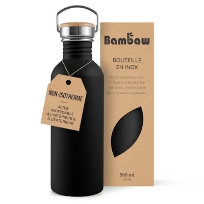 Afbeelding van Bambaw® Waterfles 500 ml Enkelwandige drinkfles RVS Niet Geïsoleerd Lekvrij, en Plasticvrij met Bamboe Dop Water Fles Perfect voor Reizen, Werk, Yoga, Wandelen Dagelijks Gebruik zwart
