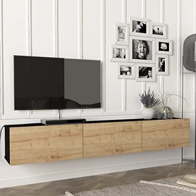 Afbeelding van Tv meubel Vihti zwevend 180x31x29,5 cm zwart en eiken