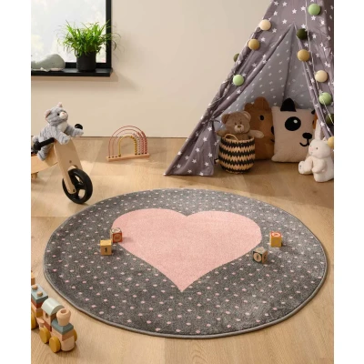 Afbeelding van Rond Tapijt/Vloerkleed Kinderkamer Hartje Magic Donkergrijs/roze 160 Cm