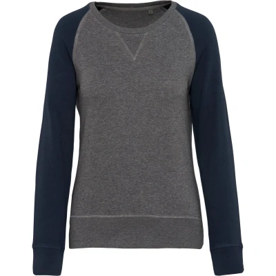 Afbeelding van Kariban Tweekleurige damessweater French Terry BIO ronde hals raglanmouwen K492 Grey Heather / Navy