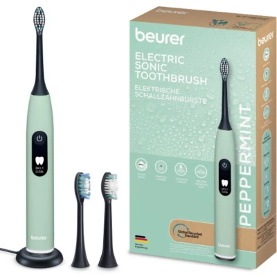 Afbeelding van Beurer SC 50 Sonische Elektrische Tandenborstel Peppermint 5 Poetsstanden Druksensor &amp; Timer 22 dagen Accuduur 2 Opzetborstels USB Laadplaat Gerecycled materiaal 3 Jaar Garantie