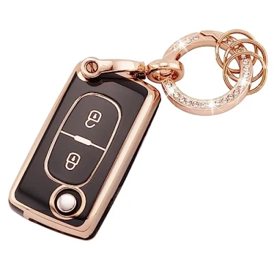 Afbeelding van Koaudb Auto sleutelhanger hoesje voor Peugeot 107 207 307 307S 308 407 607 807 3008 5008 Citroen C2 C3 C4 C5 C6 C8 Xsara 2 knoppen Flip Folding Key Case Shell met lederen (BP Pgt 2F)
