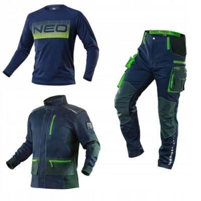 Afbeelding van NEO TOOLS Hoogwaardige werkbroek voor heren, 62% katoen, 35% polyester, 3% elastaan, 250 g/m², maat XS 3XL, knieën versterkt met Cordura, Set (broek, jas en T shirt)