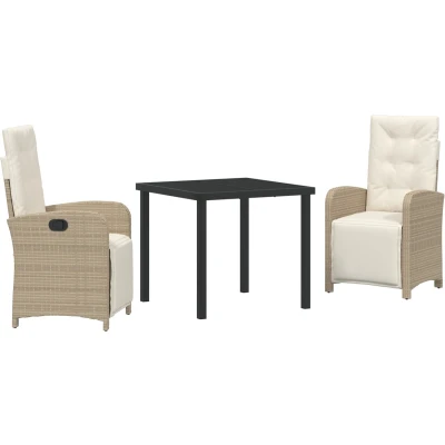 Afbeelding van vidaXL 3 delige tuinset met kussens beige poly rattan, tuin tafel zwart 80x80x73 cm gehard glas