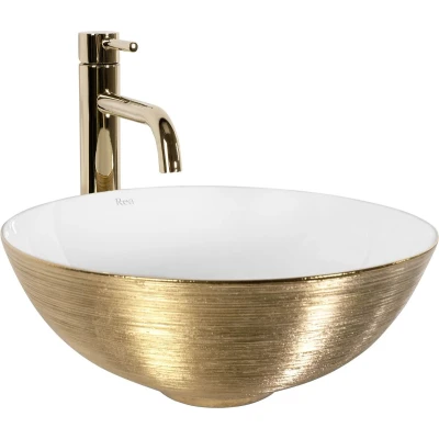 Afbeelding van REA Stella Brush Gold/White Ronde Opzetwastafel Goud/Wit 355x355x120 mm