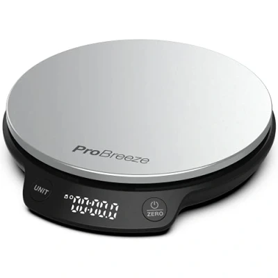 Afbeelding van Pro Breeze Digitale keukenweegschaal, rond, roestvrij staal, koken en bakken, zeer nauwkeurige meting, eten vloeistoffen, tarra functie, lcd display, max. belasting van 5 kg (g, ml, fl&#039;oz, lb oz)