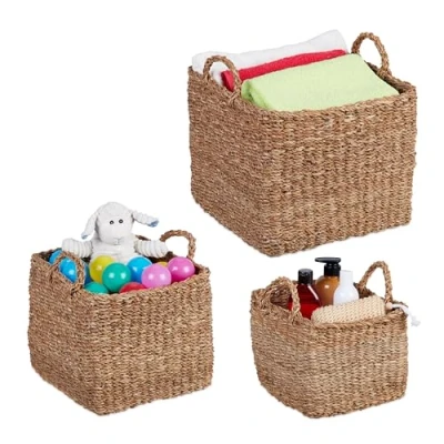 Afbeelding van Relaxdays opbergmand set van 3 met handgrepen gevlochten zeegras mand speelgoedmand