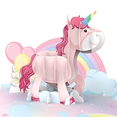 Afbeelding van MOKIO® Pop up kaart roze eenhoorn met regenboog 3D cadeaukaart voor verjaardag, wenskaart kinderverjaardag