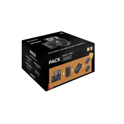 Image de Pack Fnac Appareil photo Hybride Sony A6400 Noir + Objectif E PZ 16 50 mm f/3.5 5.6 OSS 55 210 f/4.5 6.3 chargeur externe 2ème batterie
