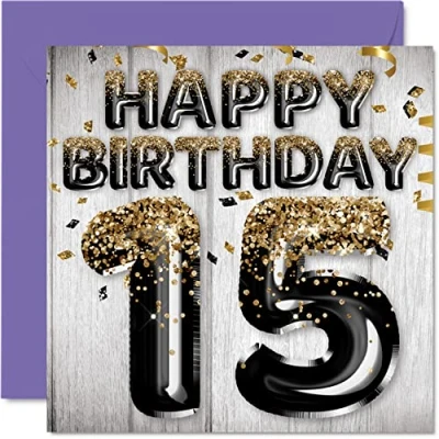 Image de Stuff4 Carte d&#039;anniversaire 15 ans pour garçons Ballons noirs et dorés à paillettes Cartes garçon, fils, frère, petit cousin, 145 mm x