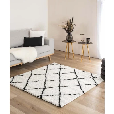Afbeelding van Vierkant Hoogpolig Tapijt/Vloerkleed Ruiten Artisan Wit/zwart 240x240 Cm
