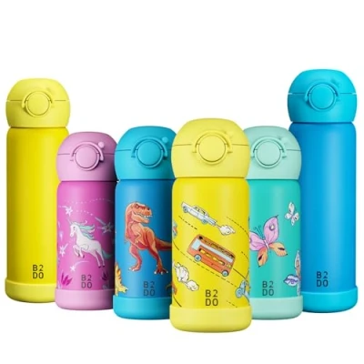 Afbeelding van B2DO Isotherme 316 drinkfles voor kinderen, 350 ml, auto, geel, lekvrije en geïsoleerde thermosfles school, BPA vrije met rietje kinderen