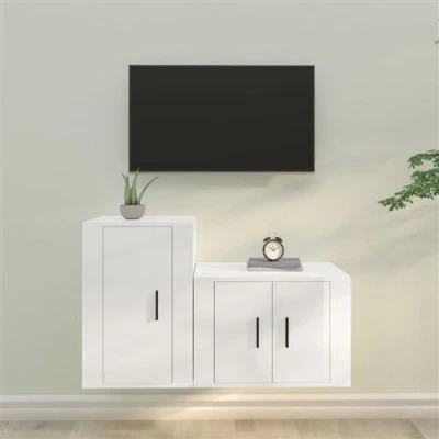 Afbeelding van 2 delige Tv meubelset bewerkt hout hoogglans wit