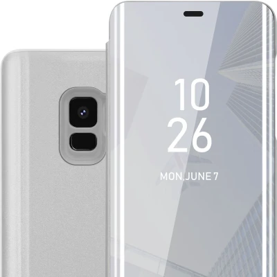 Afbeelding van Cadorabo Hoesje geschikt voor Samsung Galaxy S9 in AGAAT ZILVER Clear View Spiegel Beschermende Case met Tribunefunctie 360 Graden Bescherming Book Cover Etui